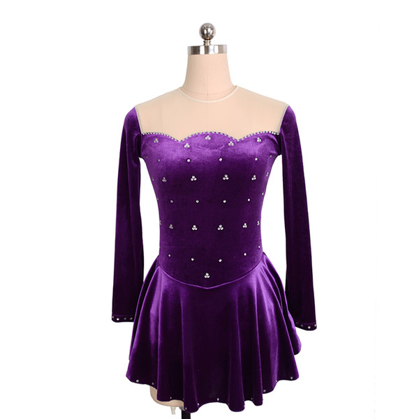 Formal Design Female Training Skating Dress With Crystals New Fashion Long Sleeve Dress Girls Purple Dress