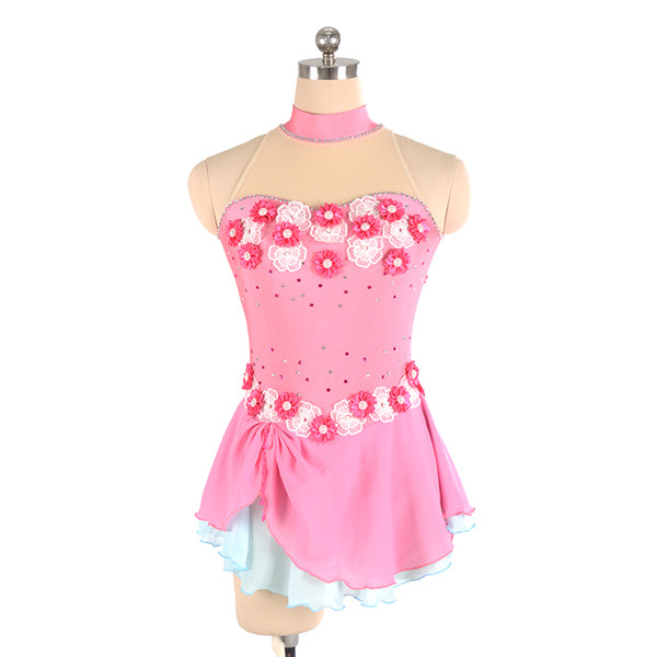 2018 Spring Collection High Neckline Attractive Pink Beaded Performance Dress Latest Collection Handmade Flower Skating Training Dress