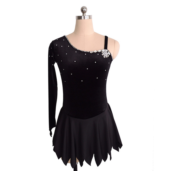 Black Spandex Female Skating Competition Dress On Ice With Crystals New Fashion Design Dress Full Sleeve Girls Dress