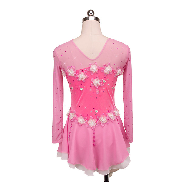 Princess Pink Long Sleeve Handmade Flower Ice Competition Dress Girls Fashion Latest Style Children Dress Short Length