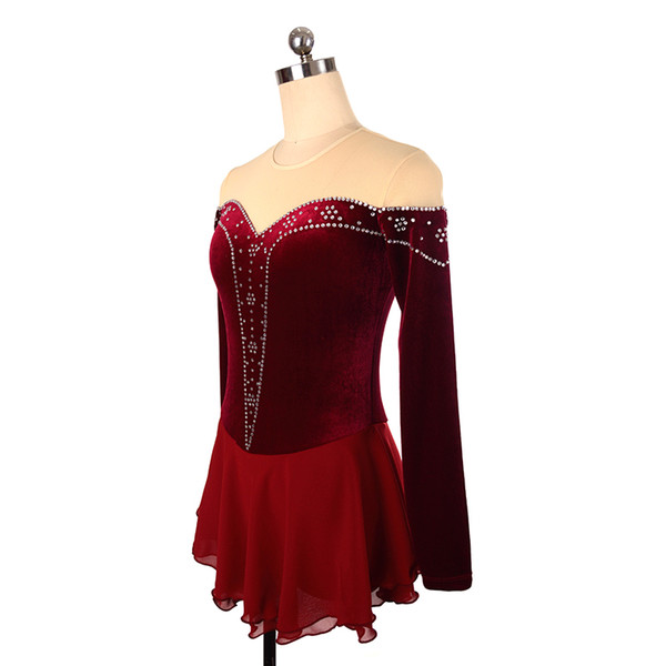 2018 New Style Jewel Neck Long Sleeve Ice Competition Dress Burgundy Beaded Dress Girls Popular Design