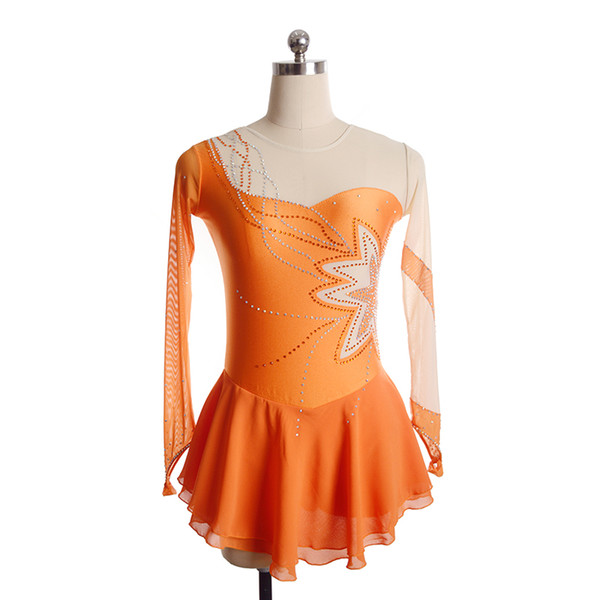 Long Sleeves Orange Female Beaded Competition Skating Dress New Fashion Wholesale Price Dress Children's Black Dress