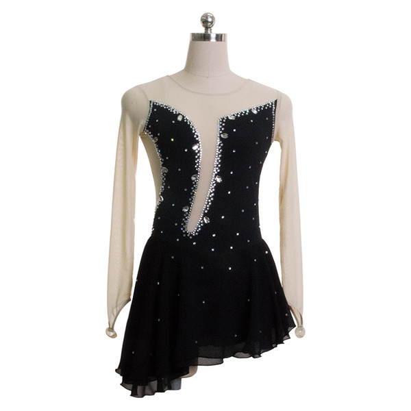 Latest Attractive Design Good Quality Black Champion Dress Skating Full Sleeves Young Girls Beaded High-Low Style