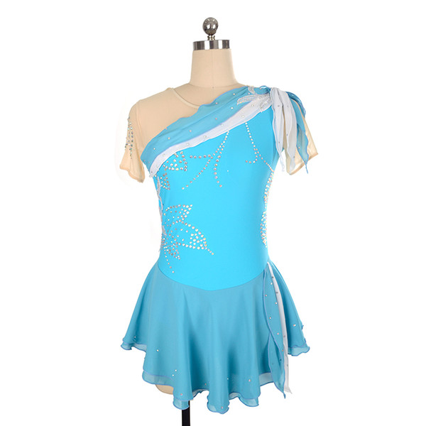 Free Shipping Baby Blue Beaded Designer Skating Competition Dress Short Sleeve Children Adult Dress Hot Selling