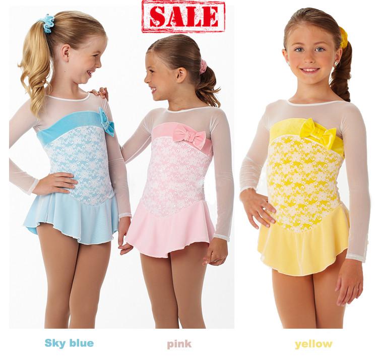 Ice skating dress butterfly bow child figure skating dresses pink blue yellow cute series