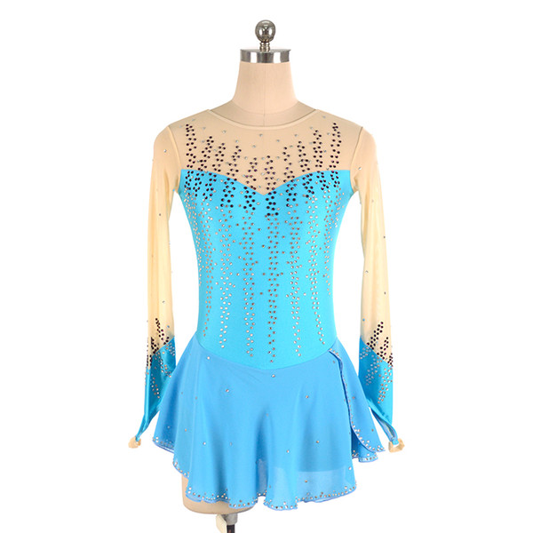 Good Quality Full Sleeve Ice Dress Skating With Beads Light Blue Fashion Dress 2018 New Collection