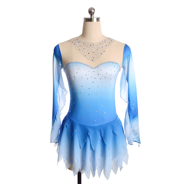 Professional Design Baby Blue Little Queen's Skating Dress 2017 Winter Collection Long Sleeves Dress Female Beaded Competition Dress