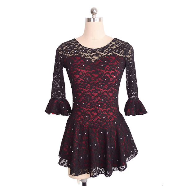 Hot Sale Royal Black Lace Ice Skating Dress Latest Style High Quality Fabrics Girls Training Dress Free Shipping