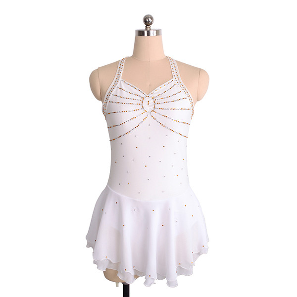 Fashionable Style White Halter Neckline Skating Competition Dress Young Girls Gold Transparent Beads Designer Dress On Ice