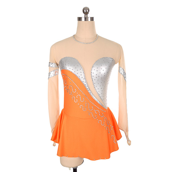 Latest Fashion Orange and Silver Competition Dress With Beads Finger Length Sleeves Beautiful Ice Skating Dress Sexy Open Back