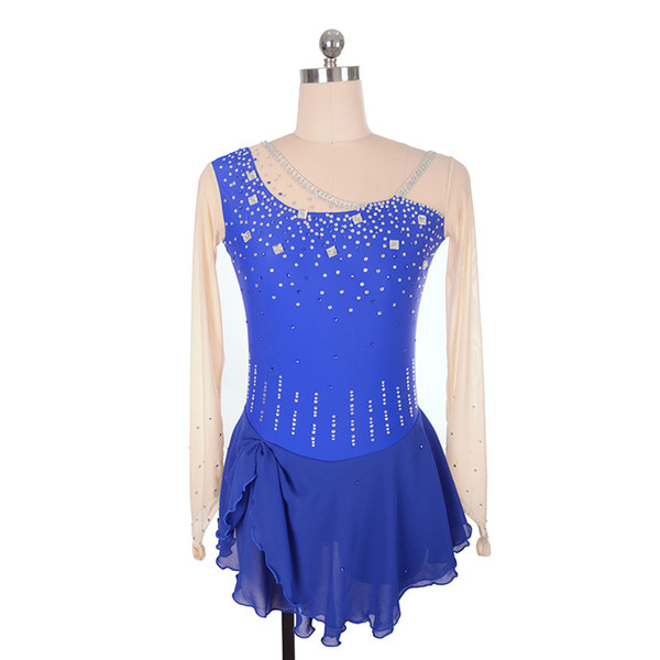 Royal Blue Female Competition Dress Skating With Beads Crystals Latest Collection Finger Length Sleeves Ice Dress