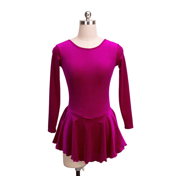 Fuchsia Female Skating Dress On Ice Long Sleeves Simple Design Dress Competition Girls Dress Wholesale Price