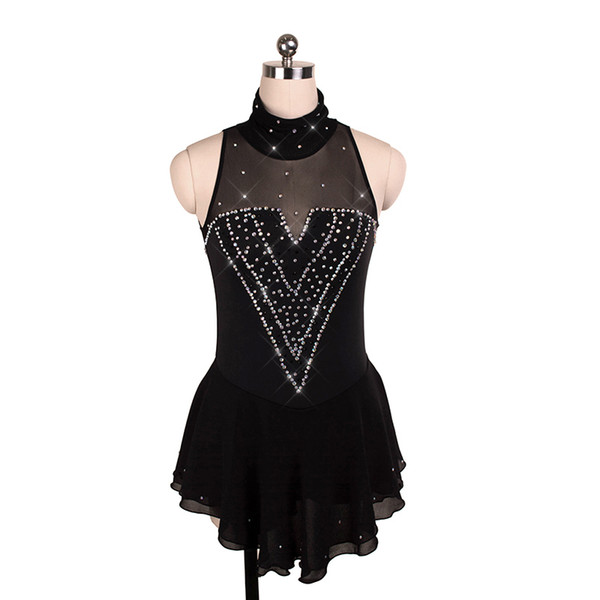 Good Quality Sleeveless National Skating Competition Dress On Ice Black Chiffon Skirt Children Adult Beaded Dress Hot Selling