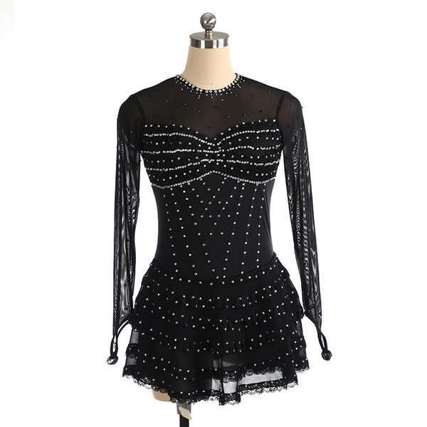 Eren Jossie Latest Fashion Beaded Neckline Black Tulle With Silver Hand Sewing Beads Children's Skating Competing Dress