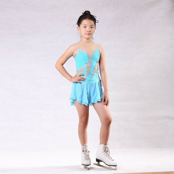 2018 Summer Collection Jewel Neckline Light Blue Beaded Performance Dress Latest Collection Sleeveless Skating Training Dress