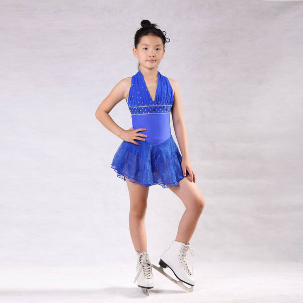 Latest Popular Teenagers' Pleated Neckline Blue Beaded Performance Dress Latest Collection Sleeveless Skating on Ice Dress