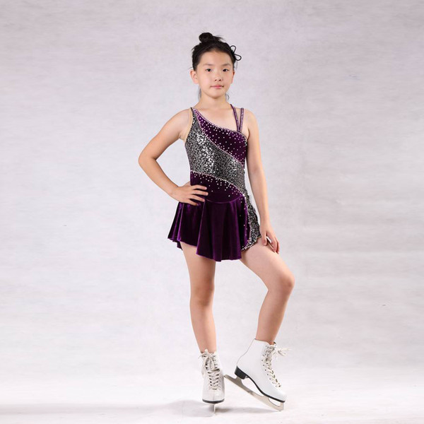 Latest Popular Teenagers' Purple Velvet Dancing Performance Dress Good Quality Sleeveless 2018 Skating on Ice Dress