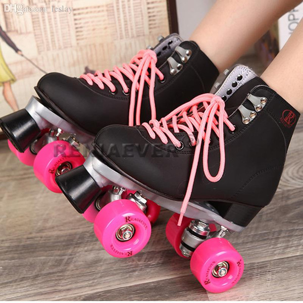 Wholesale-Breathable figure skating roller skates for women innovative Style middle-heel double PU rollers easy balance black pink