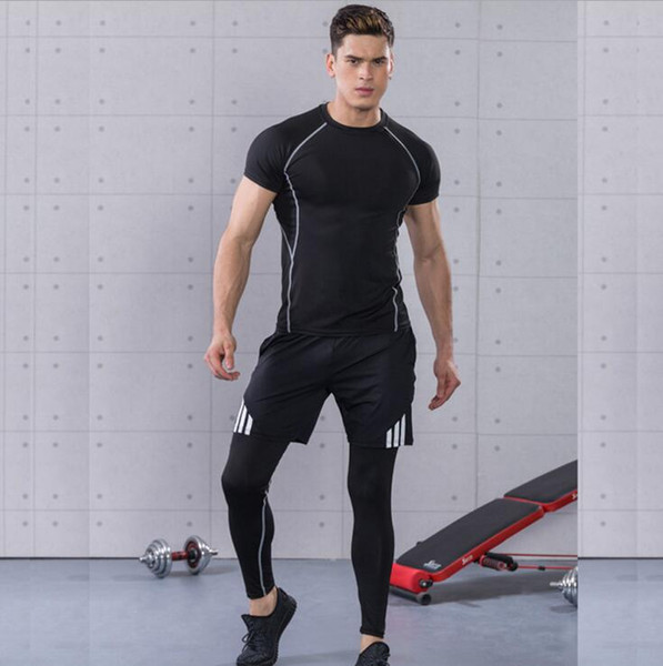 2018summer new men's sports suit fitness suit three-piece fast-drying tights short sleeve