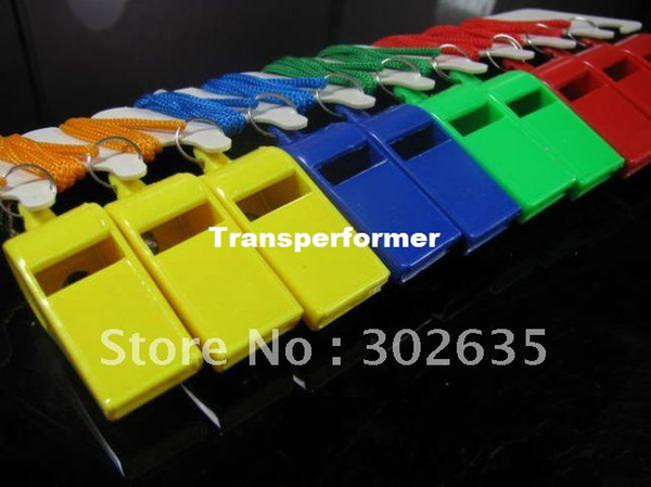 Free shipping 2000PCS/Lot Promotion colorful plastic Sport whistle with lanyard 6 colors mixed Size: 5*1.8*2.2 cm