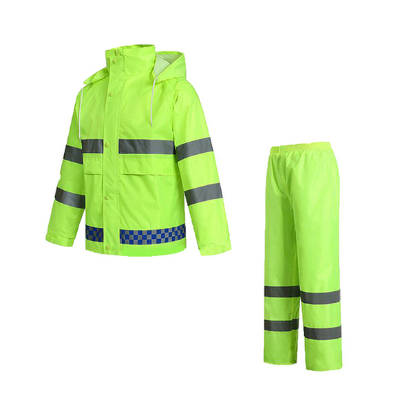 Hooded Solid Raincoat Set Mesh Lining Zipper Snap Button Fluorescent Waterproof Windproof Breathable Elastic Sleeve Waist Rainwear Suits