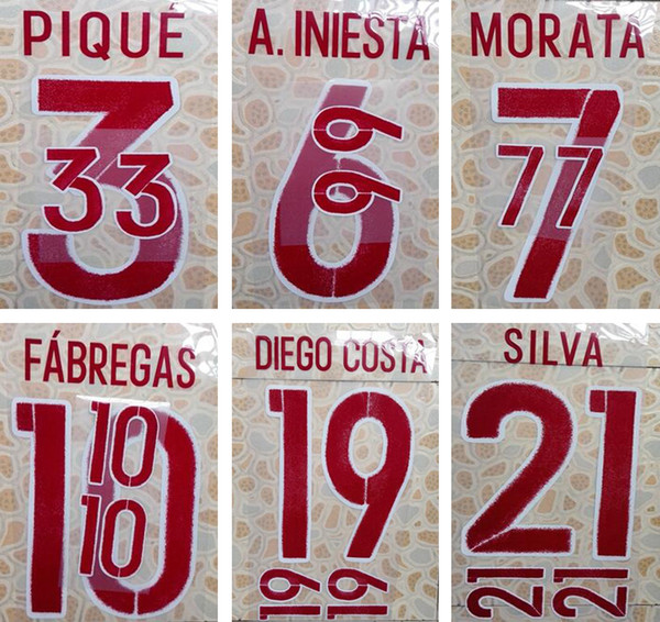 2016 Spain away red printing soccer nameset PIQUE A.INIESTA SILVA player's stamping letters printed football font impressed plastic sticker