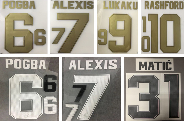 2018 2019 MU gold printing soccer namesets POGBA ALEXIS LUKAKU player's stamping lettering font impressed white football plastic stickers