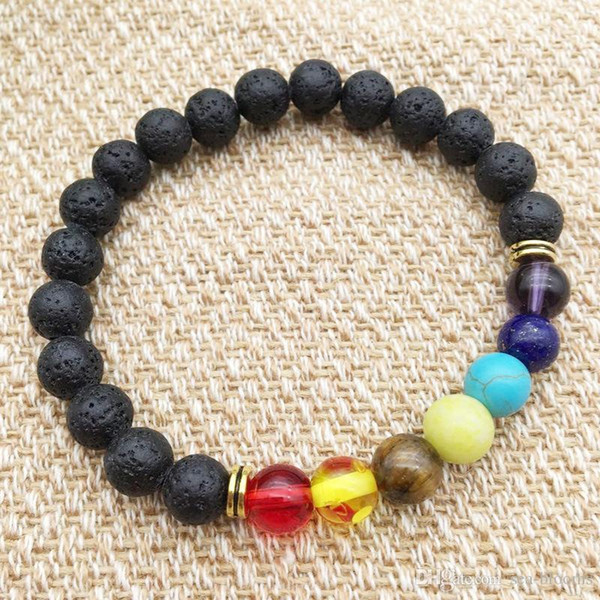 Natural Stone Bracelet 7 Chakra Colorful Lava Rock Hand Beaded Yoga Meditation Prayer Bracelet Stretch Aroma Bracelets Unisex Jewelry B917SF