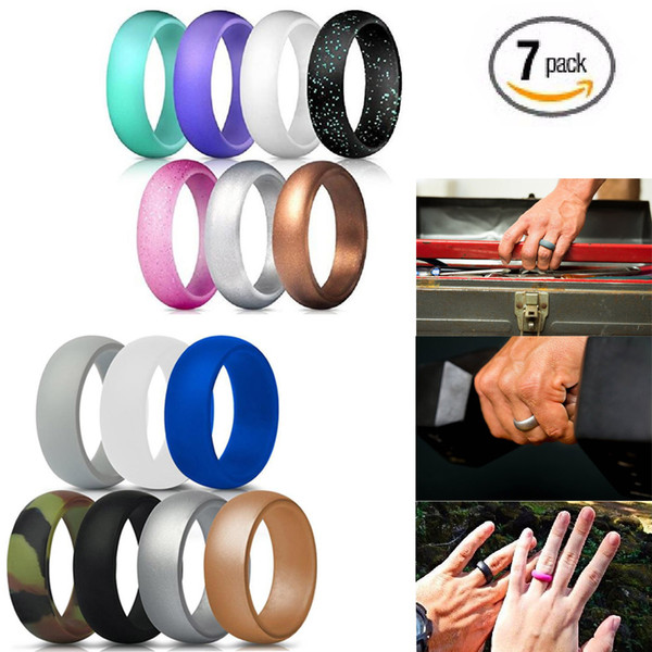 Silicone Wedding Ring 7pcs/Pack Men Size Flexible Comfortable Active Lifestyle Rubber Bands for Summer Sports Outdoor Activities