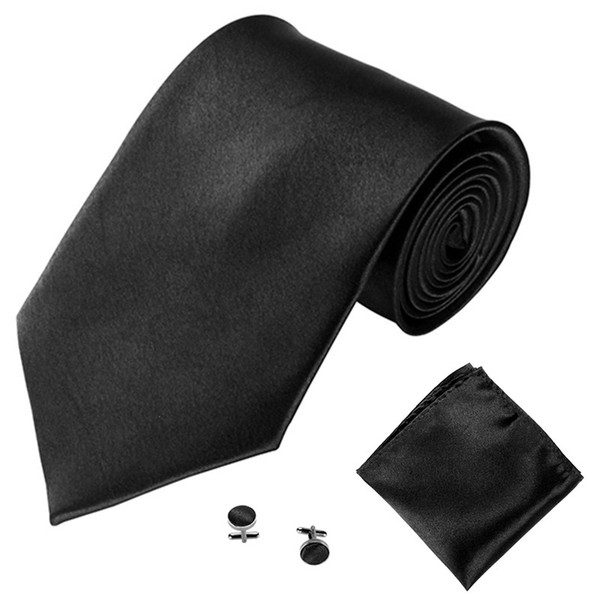 NEW Necktie Hanky Cufflinks Sets Pocket Fashion Metal Ties for Men Men Wedding Party Tie Gravata Slim Black Tie Cravat