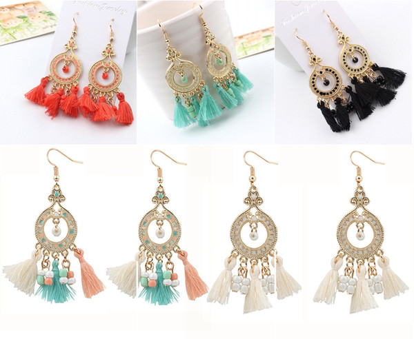 5 Colors Ethnic Bead Gold Circle Long Tassel Hook Earrings Boho Tassel Drop Dangle Earrings Jewelry For Women Girls Accessories B670L R