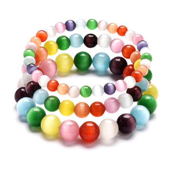 2019 Simple Fashion Round Ball Beaded Bracelets 6mm 8mm 10mm Rainbow Multi Color Cats Eye Opal Stone Wristband Bracelets Women Gifts M199R