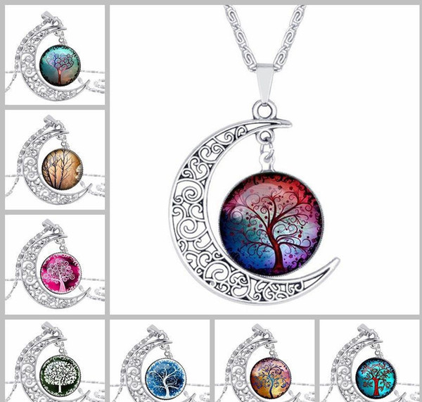 New Tree of Life pendant necklaces Hollow Carved crescent Moon cabochons Glass Moonstone Charm chokers necklace For women s Fashion Jewelry