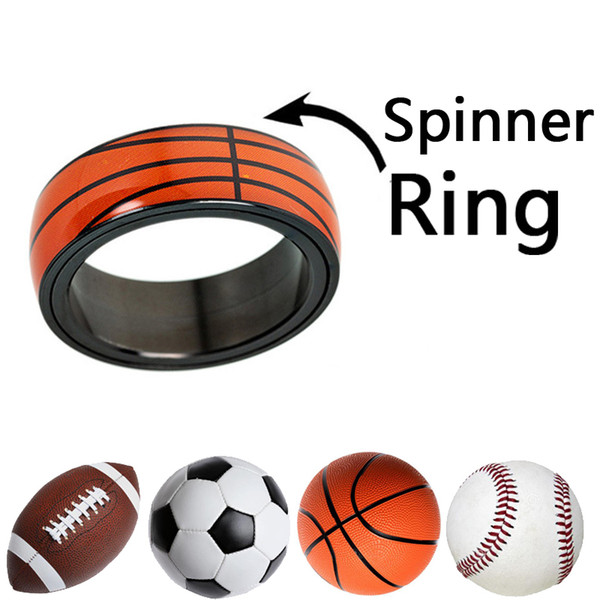 Rotate Sports Ring Baseball Football Basketball Rugby Soccer Jewelry Titanium Stainless Steel Rings Ball Fans Gift US Sizes #6-13