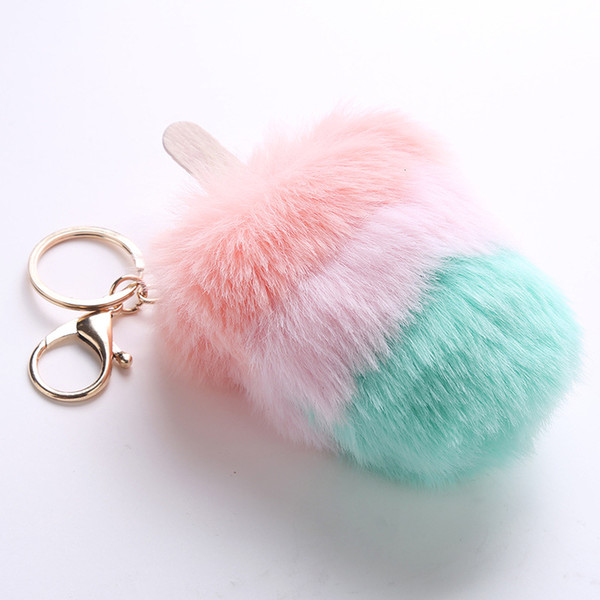 12cm Artificial Fur Ball Keychain Pompom Ice Cream Key Holder For Women Bag Car Pendant Accessorices Key Rings 7 Styles H586Q