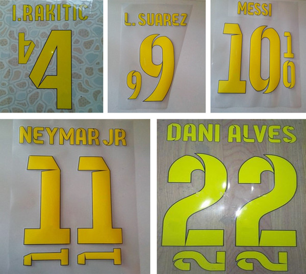 2014 2015 Bar celona home yellow printing soccer nameset NEYMAR JR MESSI SUAREZ player's stamping plastic stickers impressed football font