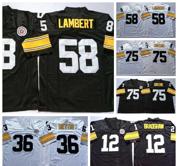 20 Rocky Bleier 58 Jack Lambert 32 Franco Harris 12 Terry Bradshaw 36 Jerome Bettis 75 Joe Greene White Black Football Jerseys