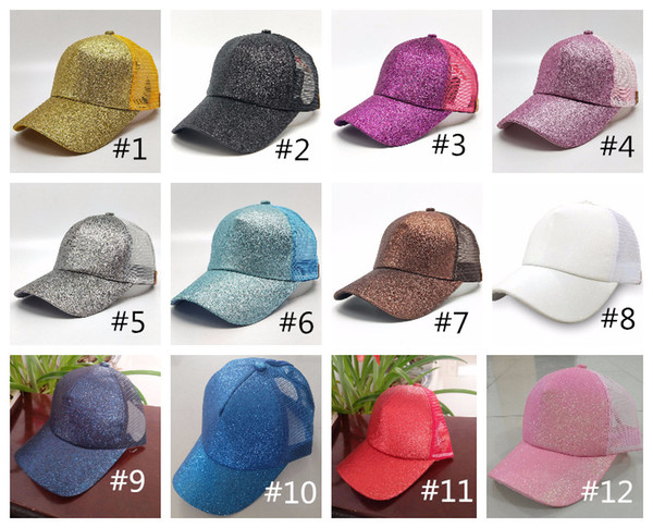 Women Sunshine Hat Ponytail Baseball Hat Girls Softball Hats Back Hole Glitter Mesh Girls Cap Hat Breathable Adjustable Snapbacks 14 Colors