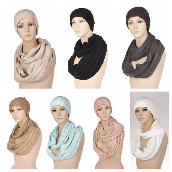 Fashion Caps+Scarf 2 Piece Cap Winter Hats Girls Hat Women Beanies Woolen Knitted Hats Neck Scarves Neckerchief Headgear