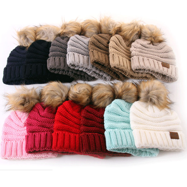 Kids CC Beanies Hats Winter Knitted Wool Hats Warm Hoods CC Skullies Caps With Hair Ball