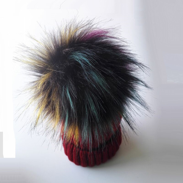 KNB040A Kids Winter Hat Knitted Beanies 15cm Faux Fur Pom pom Skullies Caps Boy Girls Baby Bonnet Gorras With Fur Ball Hairball