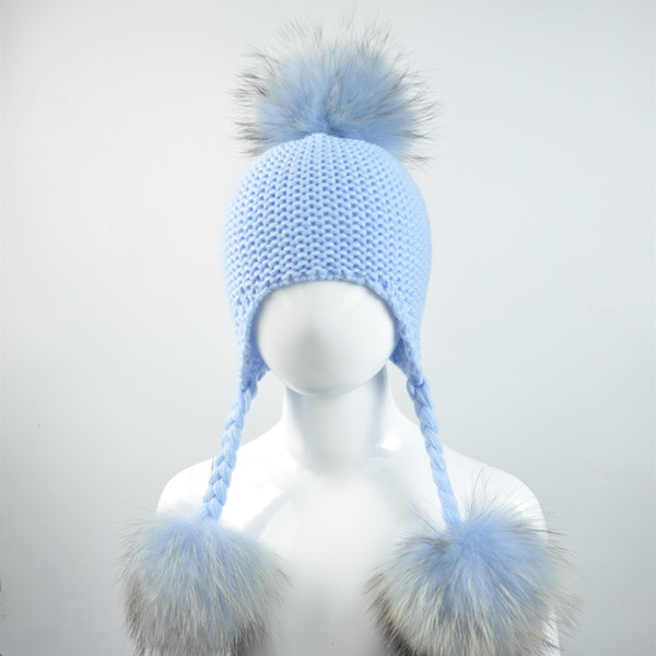 Knitted Baby Hat with Three Real Fur Pompom Children Beanie Boy Girl Natural Raccoon Fur Ball Kids Cap Cute Real Pom Pom Hat