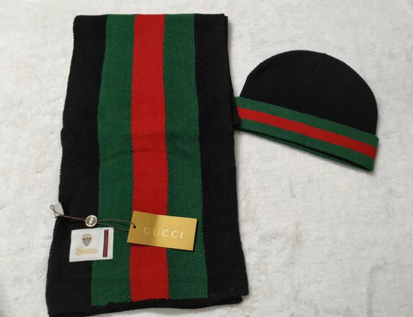 Top quality Newest Unisex Winter 2 pcs/set hot g gc red green stripe Men women beanies hats fashion classic skull caps and scarves 2018