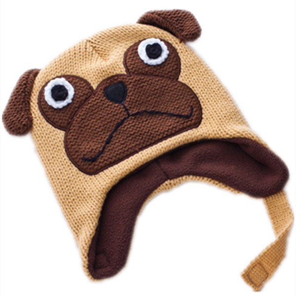 Cartoon cute Pug dog Bulldog wool Cotton knitting winter Warm plush hat kid baby Animals Soft Cosplay Cap Fleece Lining Beanies