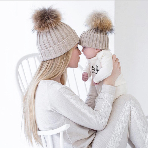 1 Pair Mommy and Me Winter Warm Hats Matching Knitted Beanie Hairball Cup Mink PomPom Kids Mommy Headwear girls Hat Caps