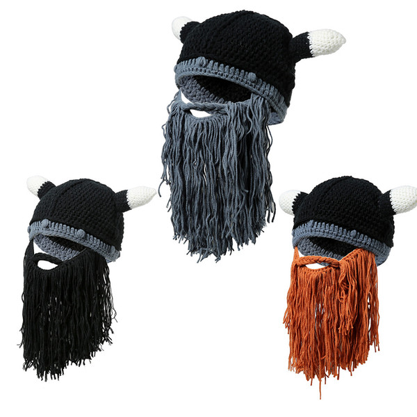 Winter Warm Men Beanies Hats Novelty Vikings Cap Beard Ox Horn Handmade Knitted Beanie Women Gift Party Mask Cosplay Caps