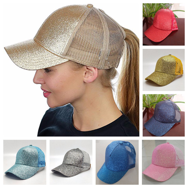 14 Colors Women Hat Ponytail Baseball Hat Girl Softball Hats Back Hole Pony Tail Glitter Mesh Girls Sunshine Cap Hat Breathable Snapbacks