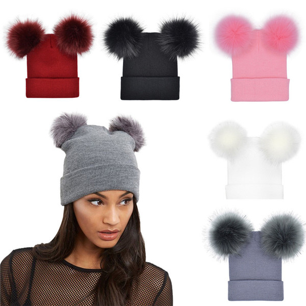 Autumn New Women Faux Fur Pompom Hat Female Winter Warm Cap Knitted Beanie Girl Double Ball Bonnet Femme Crochet Beanie Hat 2019