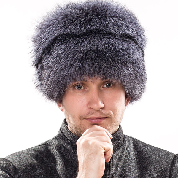 YECHNE Russian real natural silver fox fur cap man with lady fox tail male winter soft hat