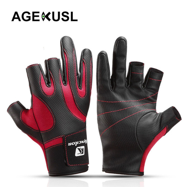 AGEKUSL Fishing Gloves Fingerless Gloves Outdoor Sport Cycling 3 Fingers Cut Gloves Leather Non-Slip Fleece Lining